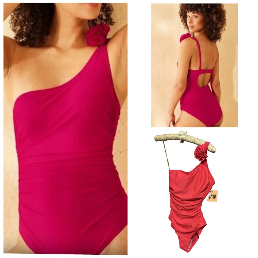 🪻 NWT Shade and Shore One-Shoulder Pink Swimsuit w/Flower Accent Size 4-6
